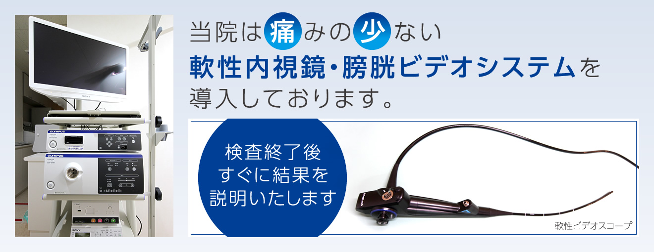 当院は痛みの少ない軟性内視鏡・膀胱ビデオシステムを導入しております。検査終了後すぐに結果を説明いたします。